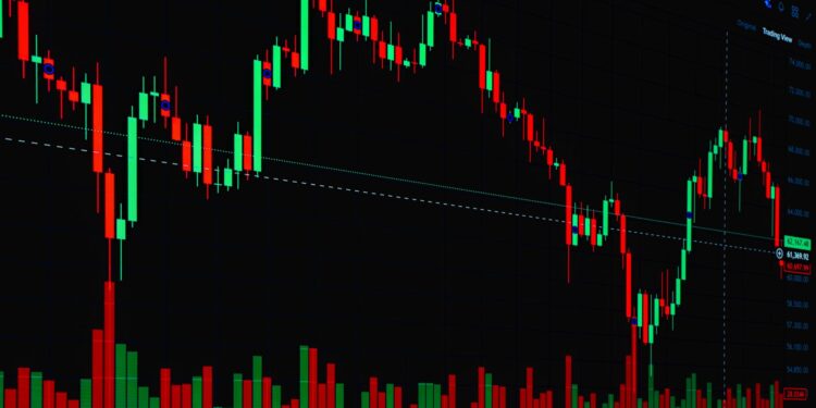 Koyu arkaplanda kırmızı ve yeşil mum çubuklarından oluşan borsa grafik ekranı