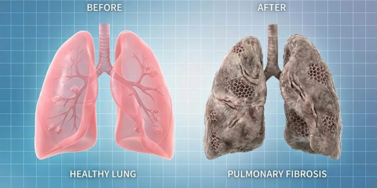 Sağlıklı akciğer ile pulmoner fibrozis nedeniyle hasar görmüş akciğerlerin kıyaslandığı tıbbi çizim.