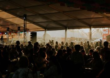 Açık hava festivali veya etkinlik alanında kalabalık izleyiciler ve sahne ışıkları.