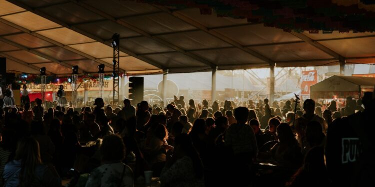Açık hava festivali veya etkinlik alanında kalabalık izleyiciler ve sahne ışıkları.