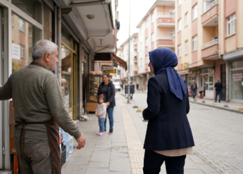 Sokakta esnafla sohbet eden başörtülü kadın siyasetçi ve çevresindeki vatandaşlar.