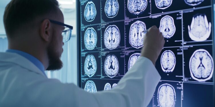 Laboratuvar ortamında aydınlık ekranda beyin tomografisi inceleyen uzman doktor.