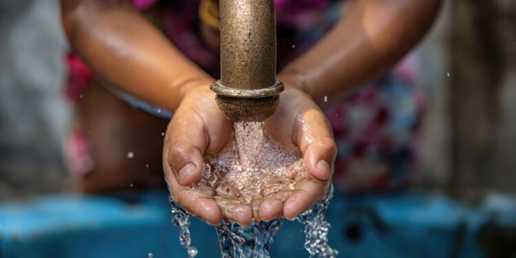 Musluktan akan suyu ellerinde biriktirerek içmeye çalışan bir kişinin elleri