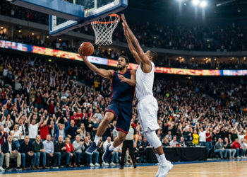 Basketbol maçında oyuncunun potaya doğru hücum ettiği heyecan dolu an.