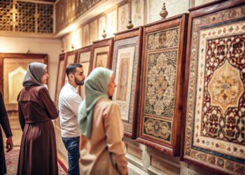 Tarihi sergi salonunda duvardaki geleneksel İslam sanat eserlerini inceleyen ziyaretçiler.