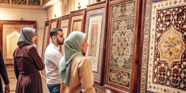 Tarihi sergi salonunda duvardaki geleneksel İslam sanat eserlerini inceleyen ziyaretçiler.