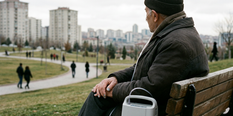 Parktaki bankta oturup oksijen tüpüyle nefes alan yaşlı adam manzarası.