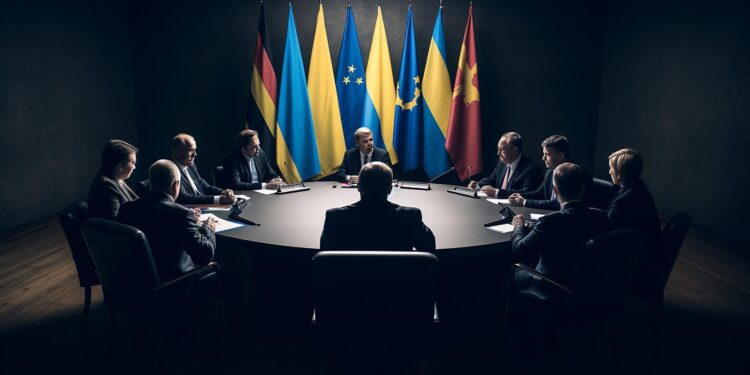 Karanlık bir odada yuvarlak masa etrafında oturan devlet liderleri.