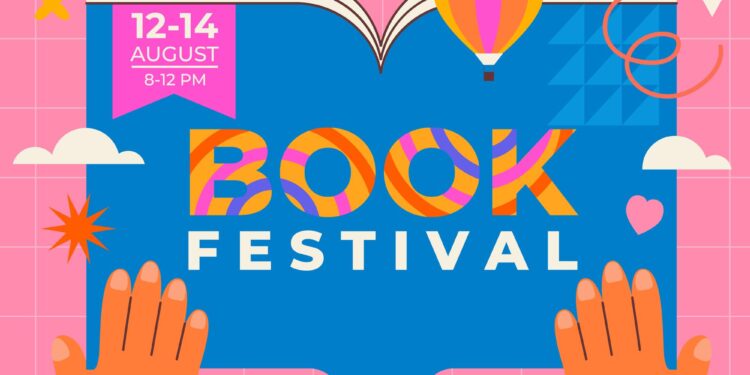 Üzerinde 'BOOK FESTIVAL' yazan açık mavi renkli bir kitabın illüstrasyonu.
