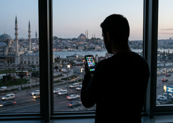 Akşam saatlerinde pencere önünde akıllı telefonuna bakan bir kişi, şehir manzarası.