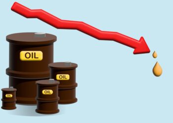 Üzerinde kırmızı düşüş oku ve yağ damlaları bulunan petrol varilleri.