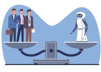 Bir terazinin kefelerinde iş insanları ve yapay zeka robotu duruyor.