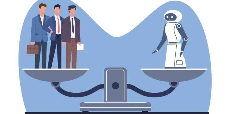 Bir terazinin kefelerinde iş insanları ve yapay zeka robotu duruyor.