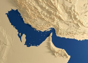 Basra Körfezi ve Hürmüz Boğazı'nın uydu tarzı üç boyutlu harita görünümü.