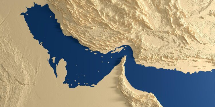 Basra Körfezi ve Hürmüz Boğazı'nın uydu tarzı üç boyutlu harita görünümü.
