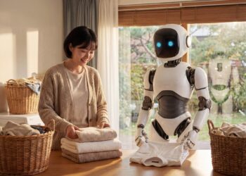 Ev ortamında bir kadın ile masada iş yapan robotun buluşması.
