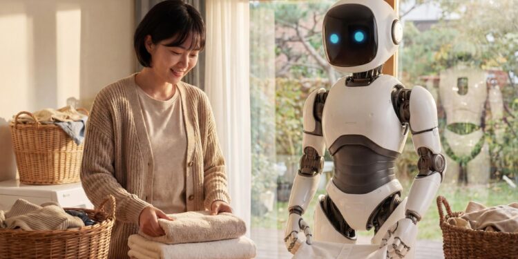 Ev ortamında bir kadın ile masada iş yapan robotun buluşması.
