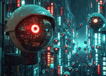 Neon ışıklı fütüristik bir sokakta kırmızı lensli gözetleme kameraları yer alıyor.