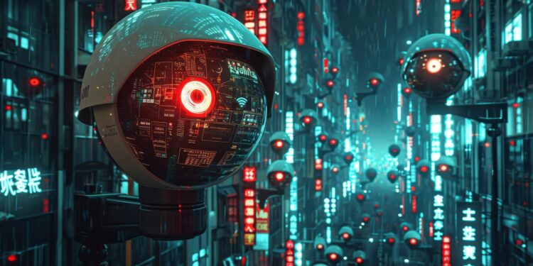Neon ışıklı fütüristik bir sokakta kırmızı lensli gözetleme kameraları yer alıyor.